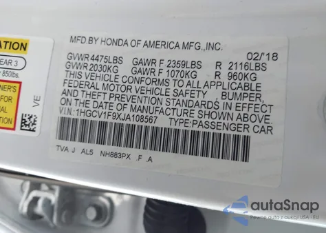 2018 Honda Accord Touring z USA, uszkodzony, nr VIN 1HGCV1F9XJA108567